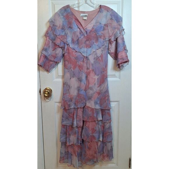 After Dark Vintage 80s Pink Purple Tiered Ruffled Midi Dress Coquette Size 14 - Picture 1 of 11
